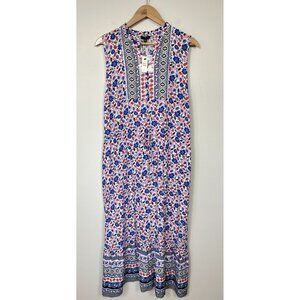 Talbots Dress 16 Petite Blue Pink Floral Sleeveless Tie Waist Wedding Career